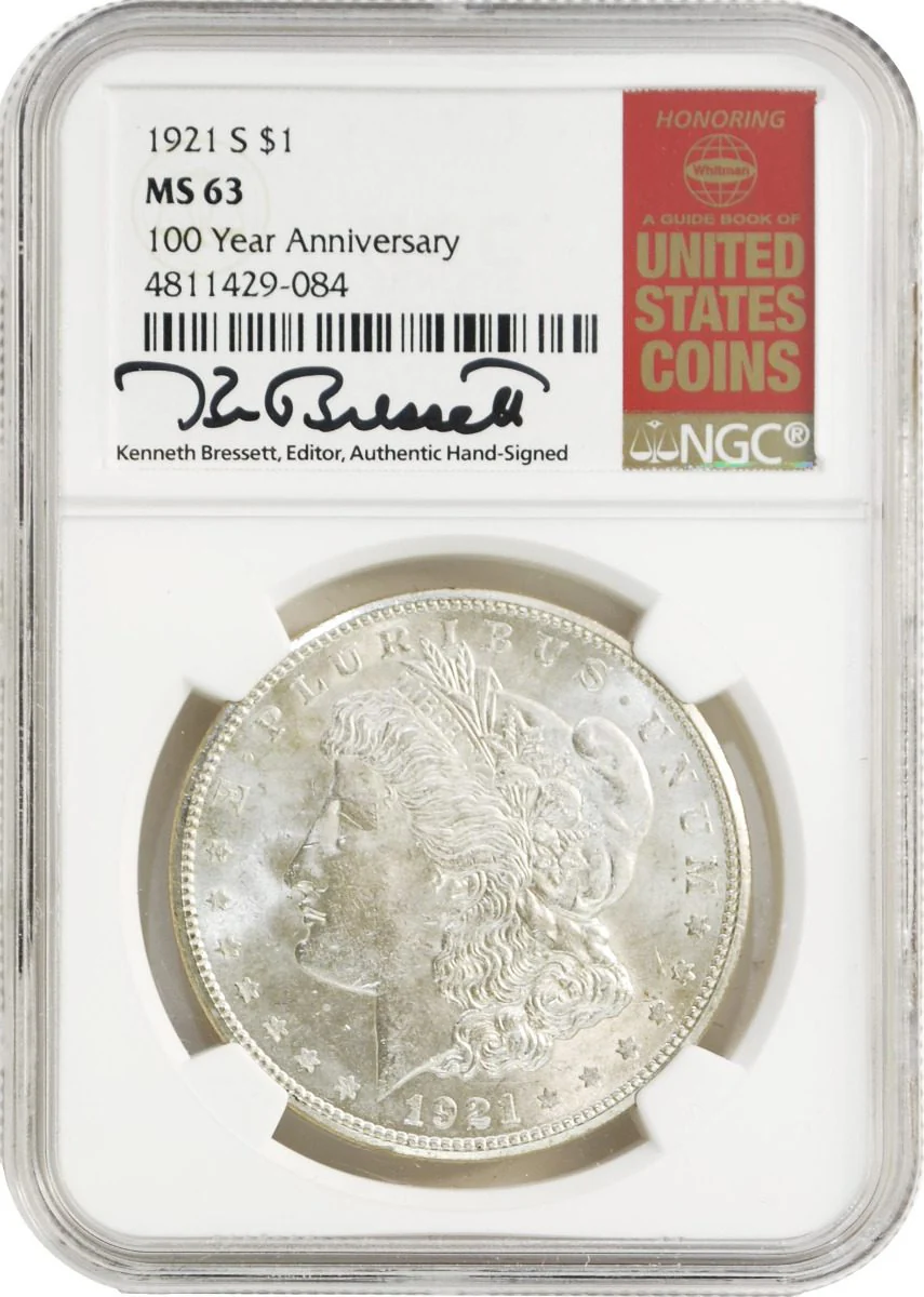 1921 Morgan Dollar P/D/S Mint Set 100th anniversary NGC MS63 Kenneth Bressett Signatures Red Book Holders - Image 6
