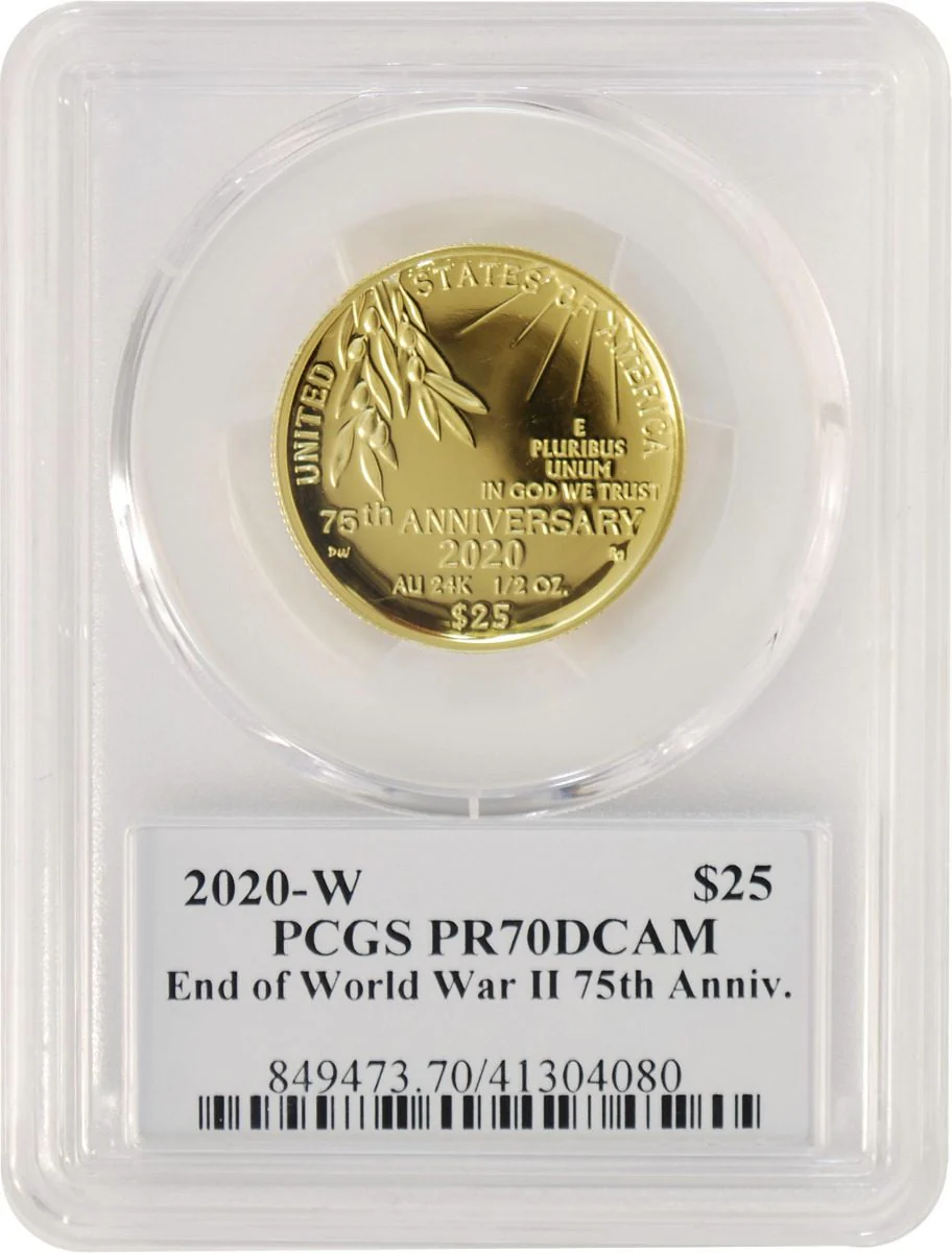 2020-W $25 End of World War II 24-Karat Gold Coin PR70DCAM PCGS (v75 Label) Truman Signature - Image 2