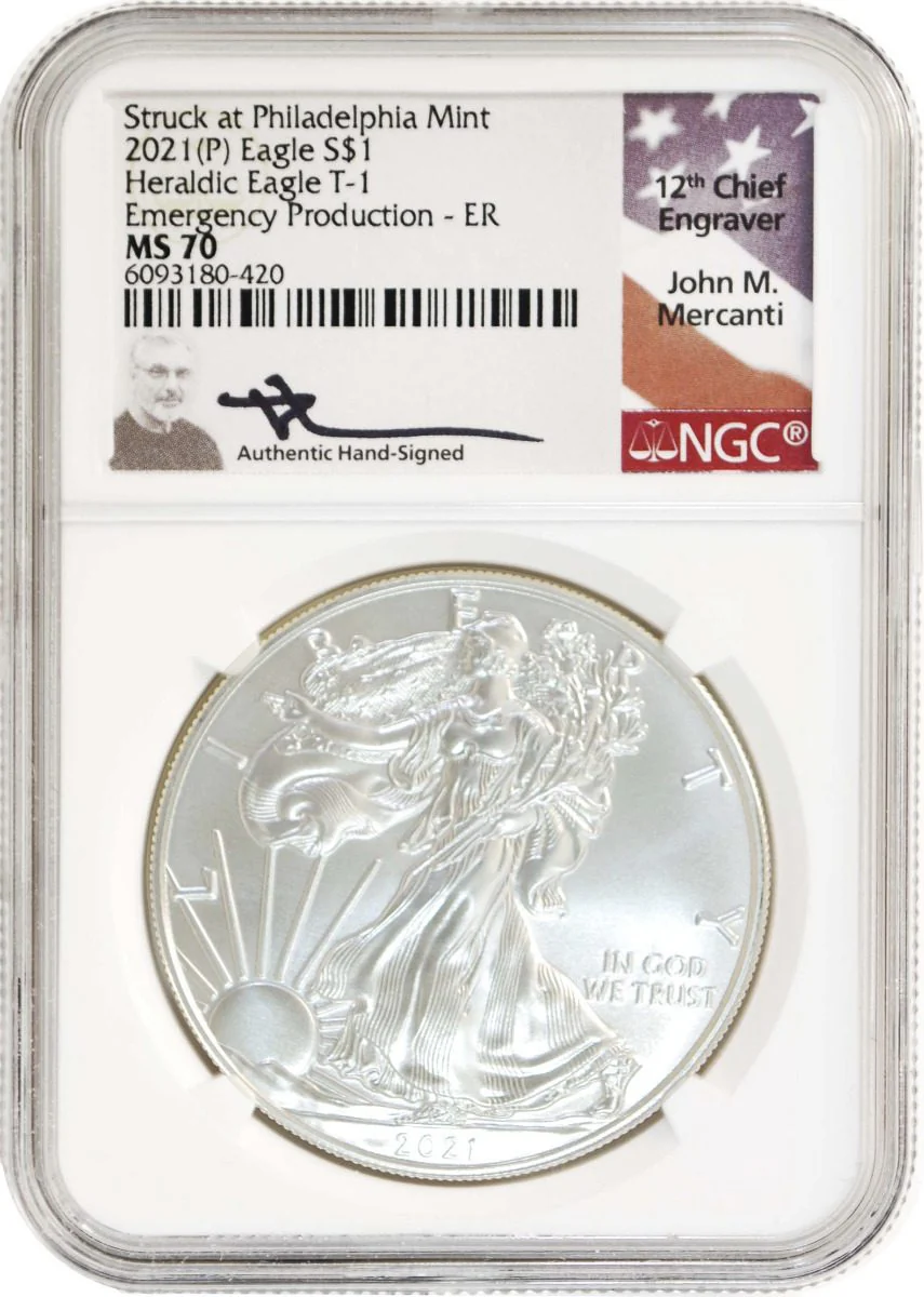 2021 (P/W/S/) SILVER EAGLE 3PC SET NGC MS70 MERCANTI ER - Image 4