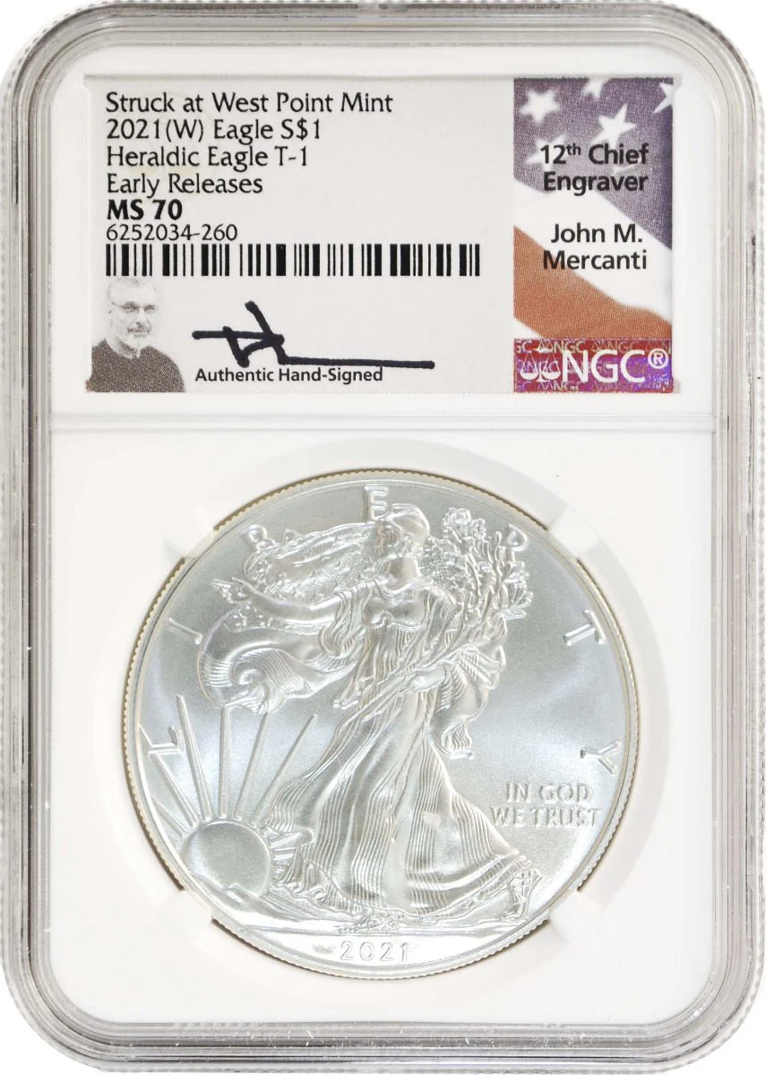 2021 (P/W/S/) SILVER EAGLE 3PC SET NGC MS70 MERCANTI ER - Image 6