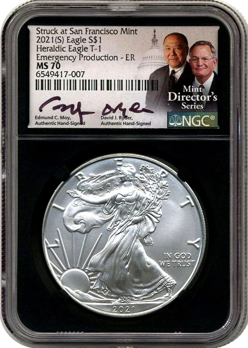 2021 (S) Type 1/Type 2 Silver Eagle NGC MS70 Emergency Production Coins signed by U.S. Mint Directors Edmund C. Moy & David Ryder - Image 3