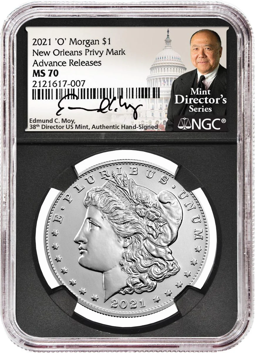 2021 Six-Piece Morgan & Peace Dollar Set NGC MS70 Advance Release Edmund C. Moy Signatures MDS Labels - Image 3