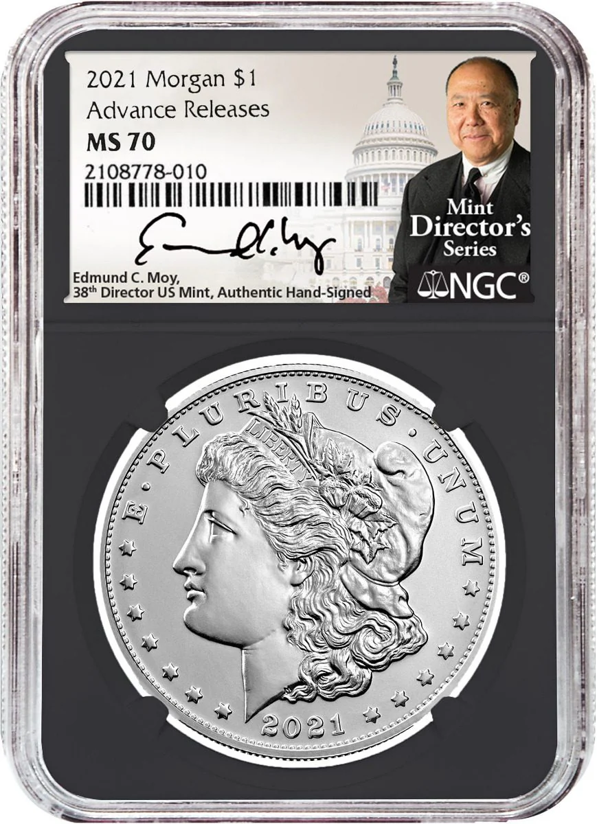 2021 Six-Piece Morgan & Peace Dollar Set NGC MS70 Advance Release Edmund C. Moy Signatures MDS Labels - Image 6