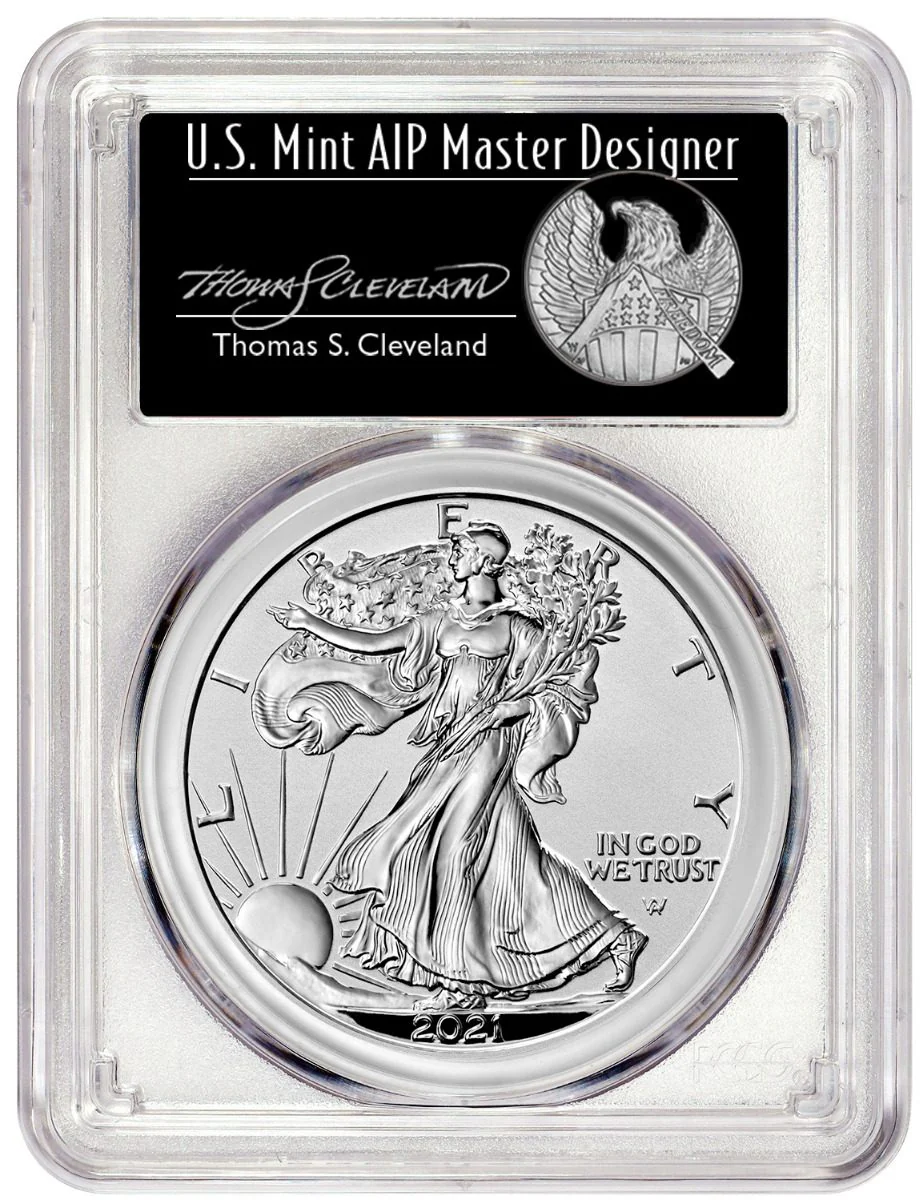 2021 W American Silver Eagle Type 2 Burnished PCGS SP70 Thomas S. Cleveland Signature