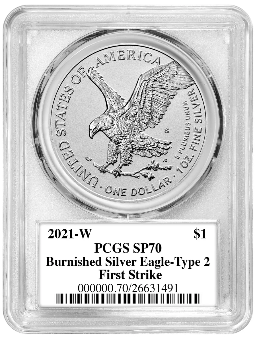 2021 W American Silver Eagle Type 2 Burnished PCGS SP70 Thomas S. Cleveland Signature - Image 2