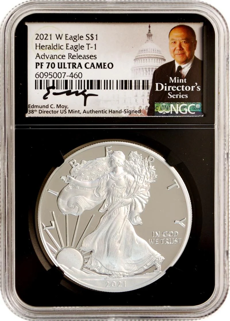 2021 W Silver Eagle Type 1 & Type 2 Advance Release NGC PF70 Moy Signatures - Image 3