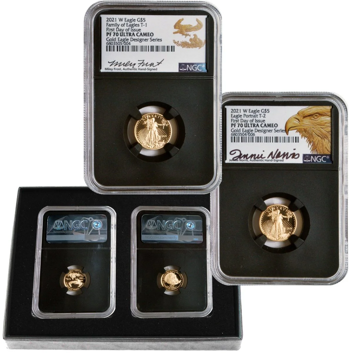 2021 W U.S. Mint Gold Eagle Designer Set NGC PF70 FDOI Signed by Miley Frost and Jennie Norris - Image 3