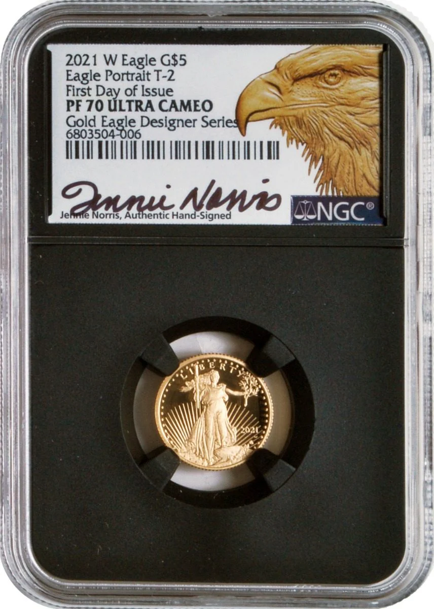 2021 W U.S. Mint Gold Eagle Designer Set NGC PF70 FDOI Signed by Miley Frost and Jennie Norris - Image 4