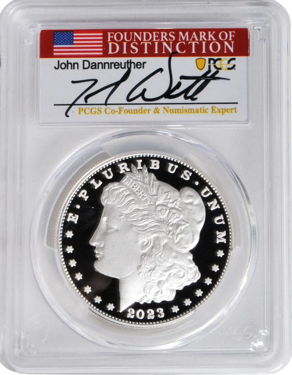 2023 6 PC Morgan and Peace Silver Dollars MS70/PF70/ R70 Advance Release PCGS Founders Mark of Distinction Holders Signed by John Dannreuther - Image 4