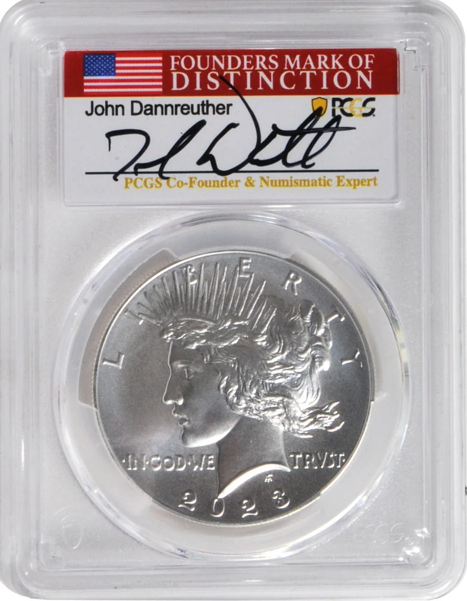2023 6 PC Morgan and Peace Silver Dollars MS70/PF70/ R70 Advance Release PCGS Founders Mark of Distinction Holders Signed by John Dannreuther - Image 8