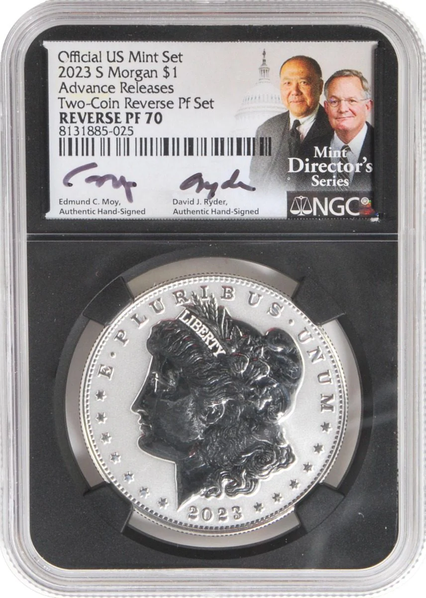 2023 6 PC Morgan and Peace Silver Dollars NGC MS70/PF70/ Reverse PF70 Advance Releases signed by Edmund C. Moy & David Ryder U.S. Mint Directors - Image 10