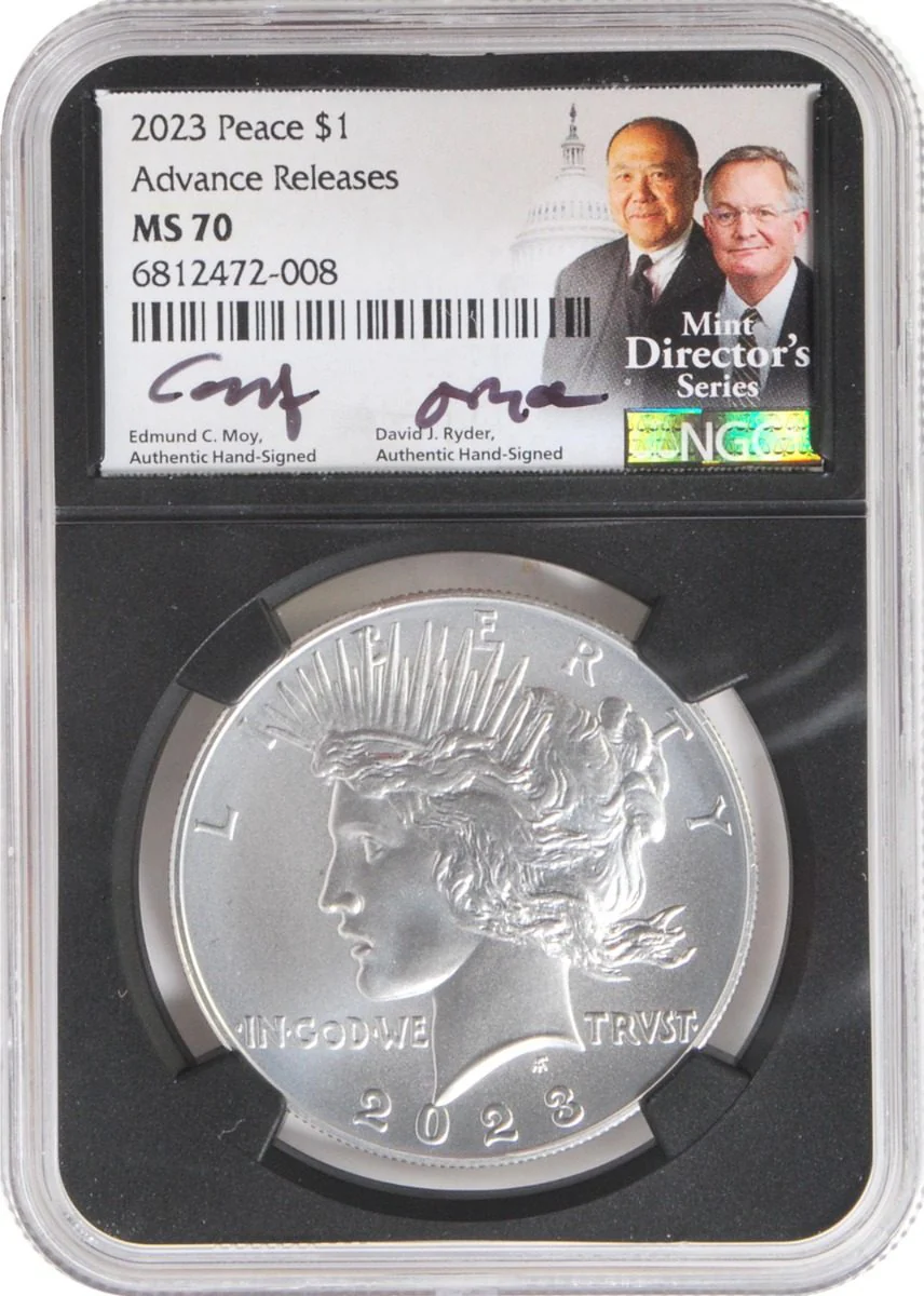 2023 6 PC Morgan and Peace Silver Dollars NGC MS70/PF70/ Reverse PF70 Advance Releases signed by Edmund C. Moy & David Ryder U.S. Mint Directors - Image 12