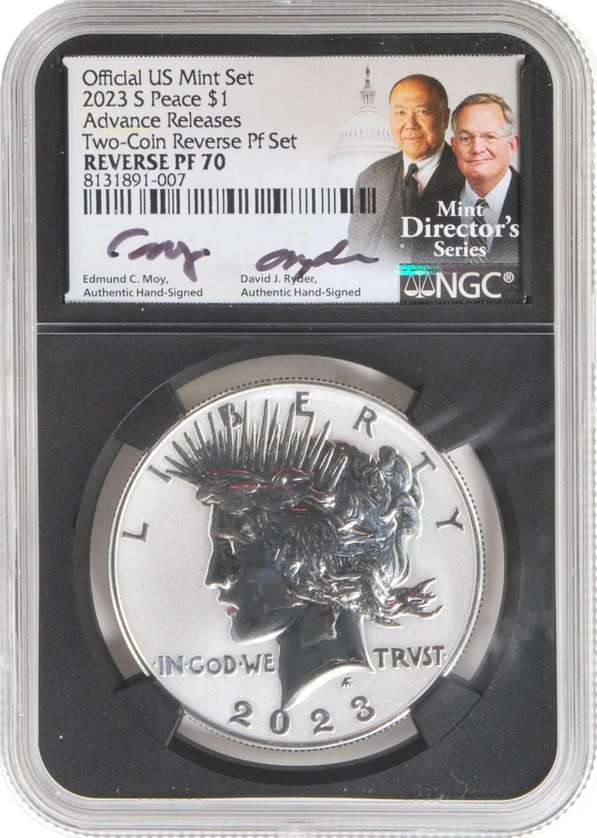 2023 6 PC Morgan and Peace Silver Dollars NGC MS70/PF70/ Reverse PF70 Advance Releases signed by Edmund C. Moy & David Ryder U.S. Mint Directors - Image 4