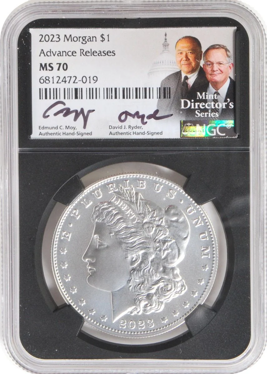 2023 6 PC Morgan and Peace Silver Dollars NGC MS70/PF70/ Reverse PF70 Advance Releases signed by Edmund C. Moy & David Ryder U.S. Mint Directors - Image 6