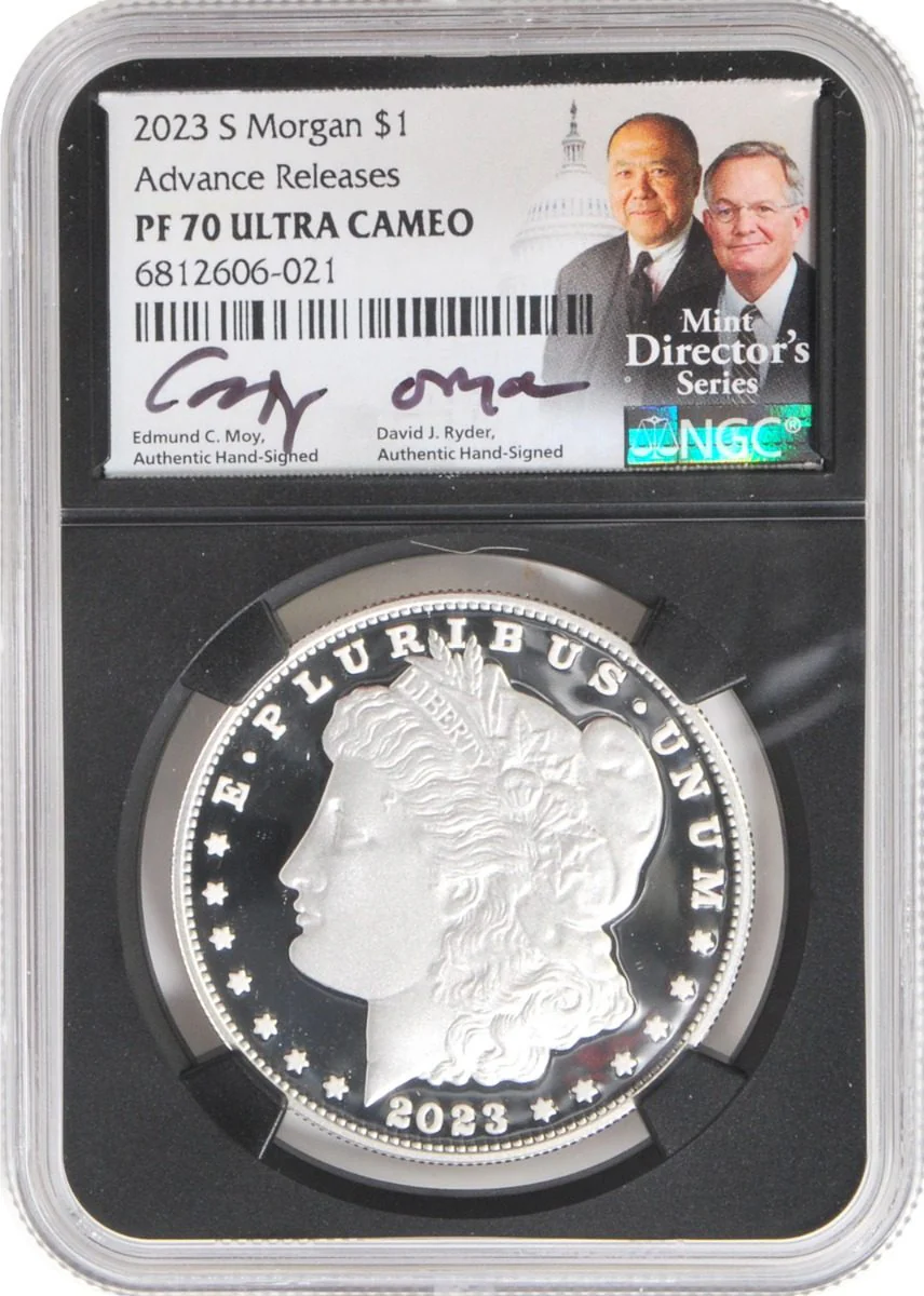 2023 6 PC Morgan and Peace Silver Dollars NGC MS70/PF70/ Reverse PF70 Advance Releases signed by Edmund C. Moy & David Ryder U.S. Mint Directors - Image 8