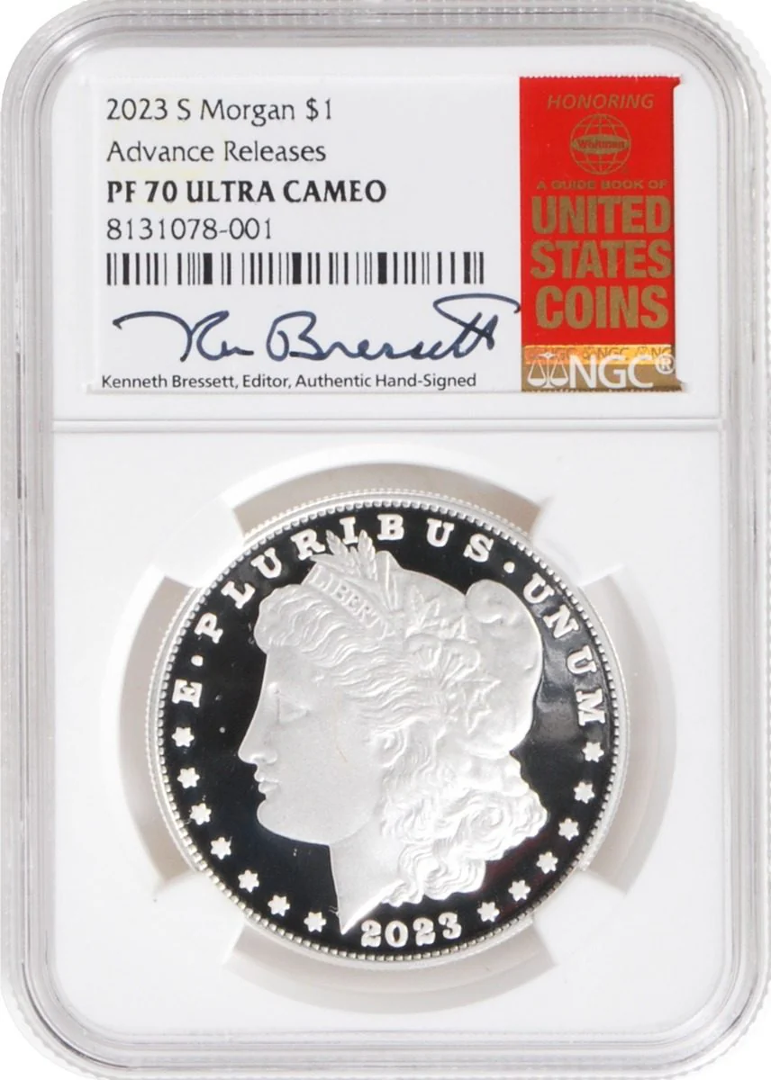 2023 6 PC Morgan and Peace Silver Dollars NGC MS70/PF70/ Reverse PF70 Advance Releases signed by Kenneth Bressett - Image 11