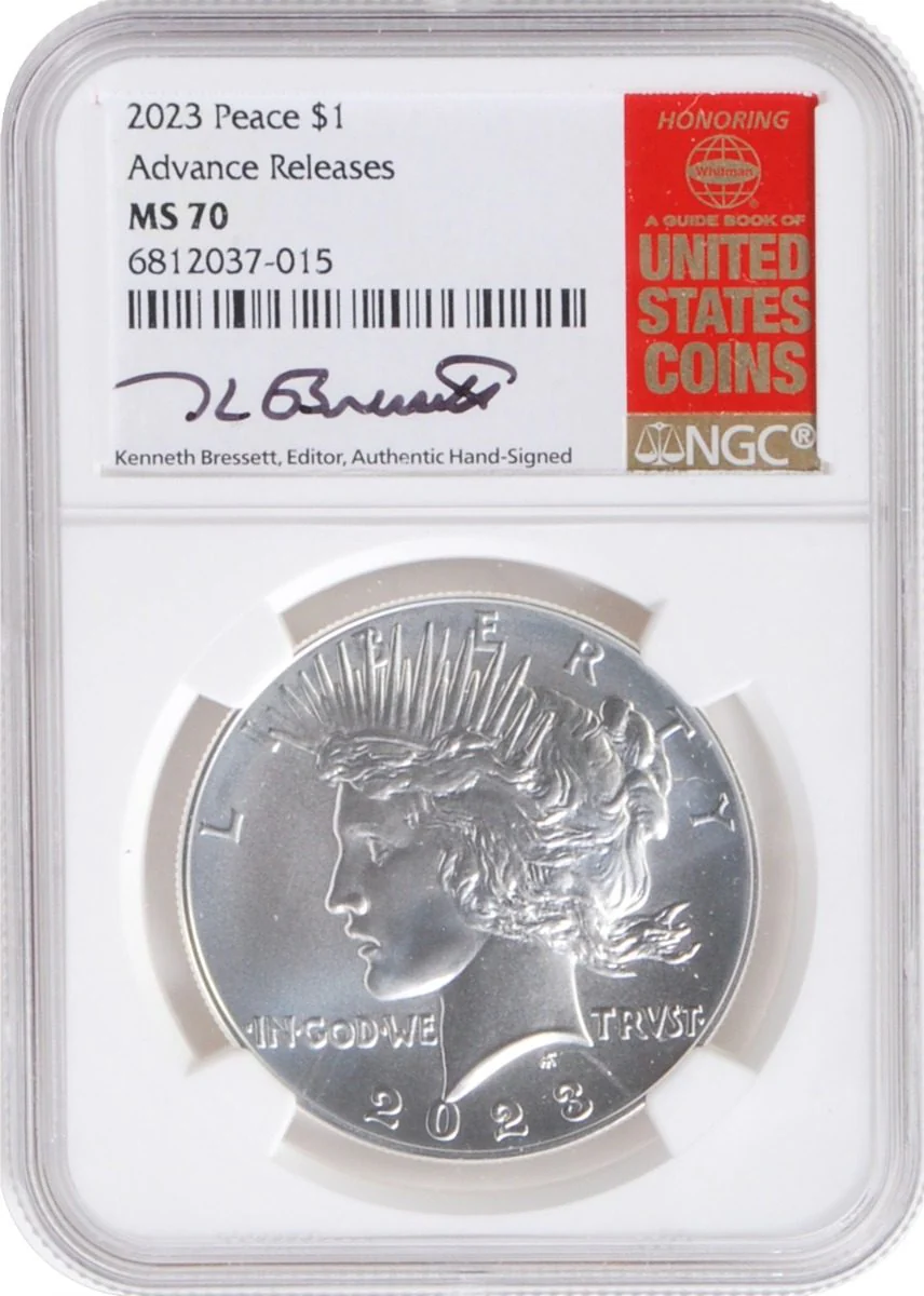 2023 6 PC Morgan and Peace Silver Dollars NGC MS70/PF70/ Reverse PF70 Advance Releases signed by Kenneth Bressett - Image 13