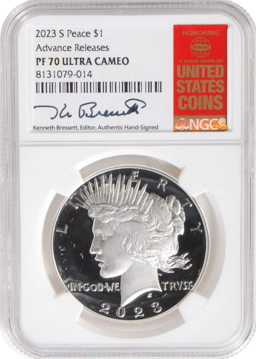 2023 6 PC Morgan and Peace Silver Dollars NGC MS70/PF70/ Reverse PF70 Advance Releases signed by Kenneth Bressett - Image 5