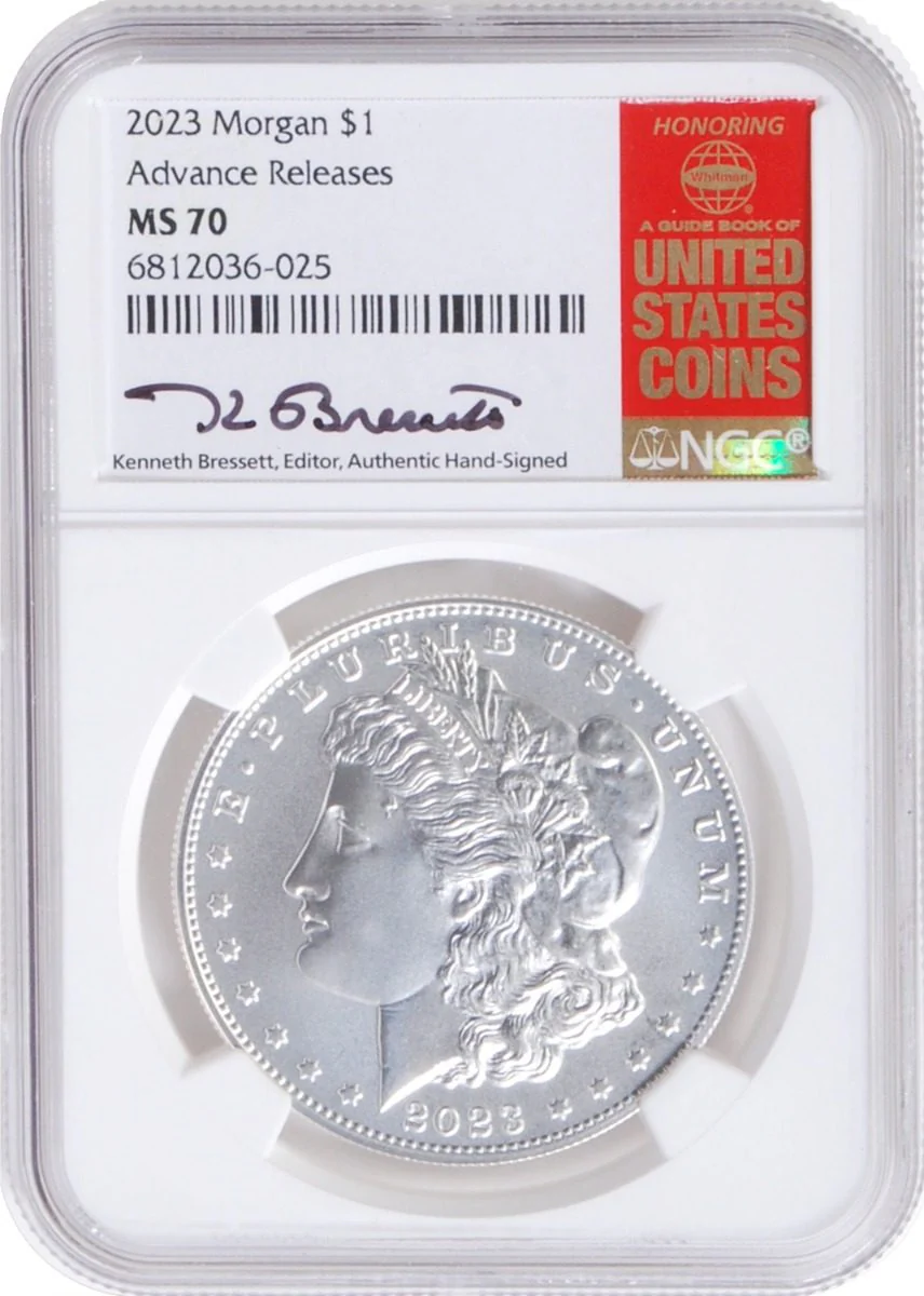 2023 6 PC Morgan and Peace Silver Dollars NGC MS70/PF70/ Reverse PF70 Advance Releases signed by Kenneth Bressett - Image 7