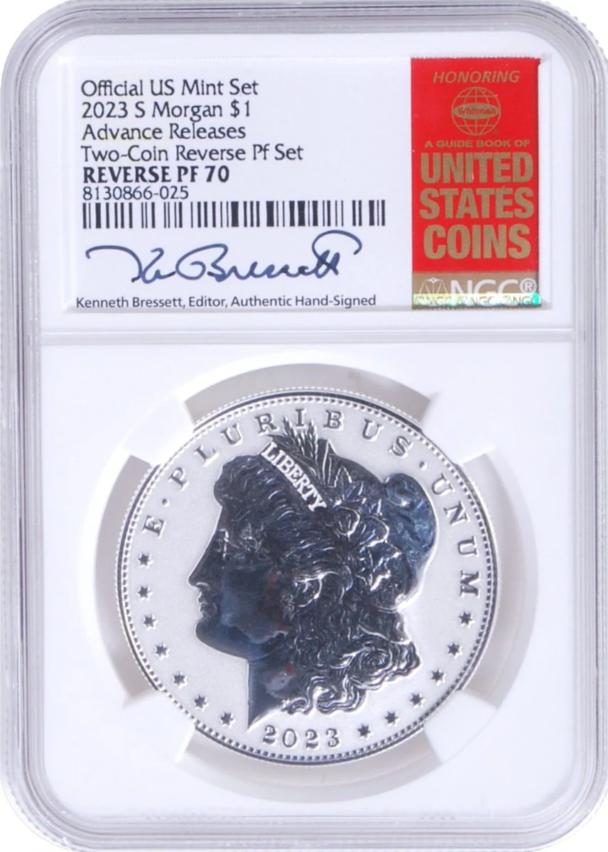 2023 6 PC Morgan and Peace Silver Dollars NGC MS70/PF70/ Reverse PF70 Advance Releases signed by Kenneth Bressett - Image 9