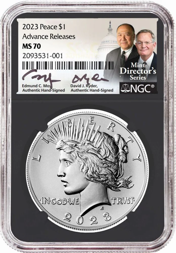 2023 Morgan & Peace Silver Dollars NGC MS70 Advance Release w/Moy & Ryder Signature - Image 3