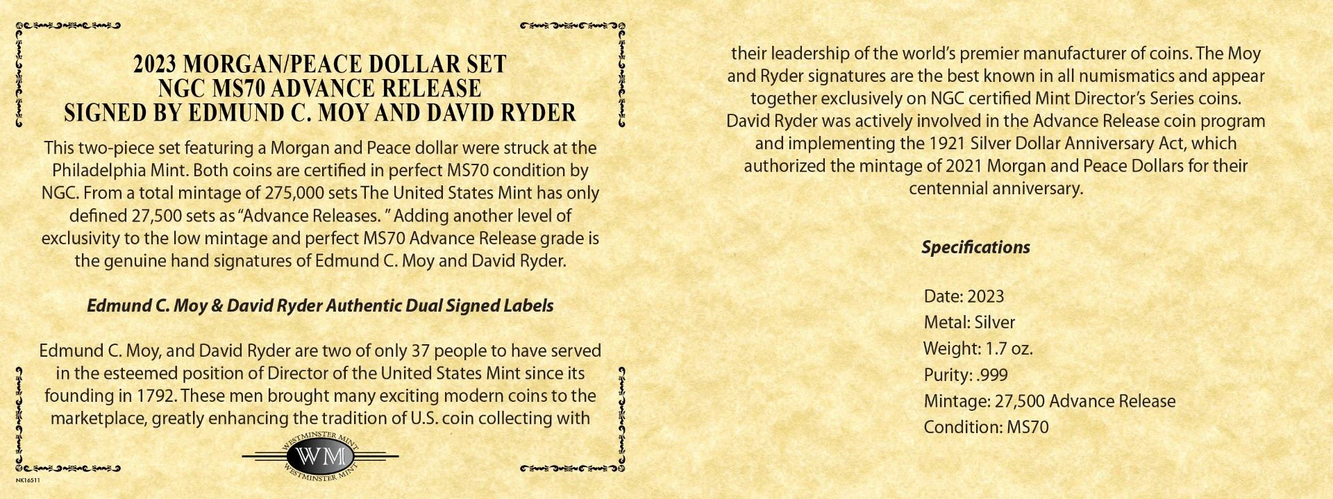 2023 Morgan & Peace Silver Dollars NGC MS70 Advance Release w/Moy & Ryder Signature - Image 4