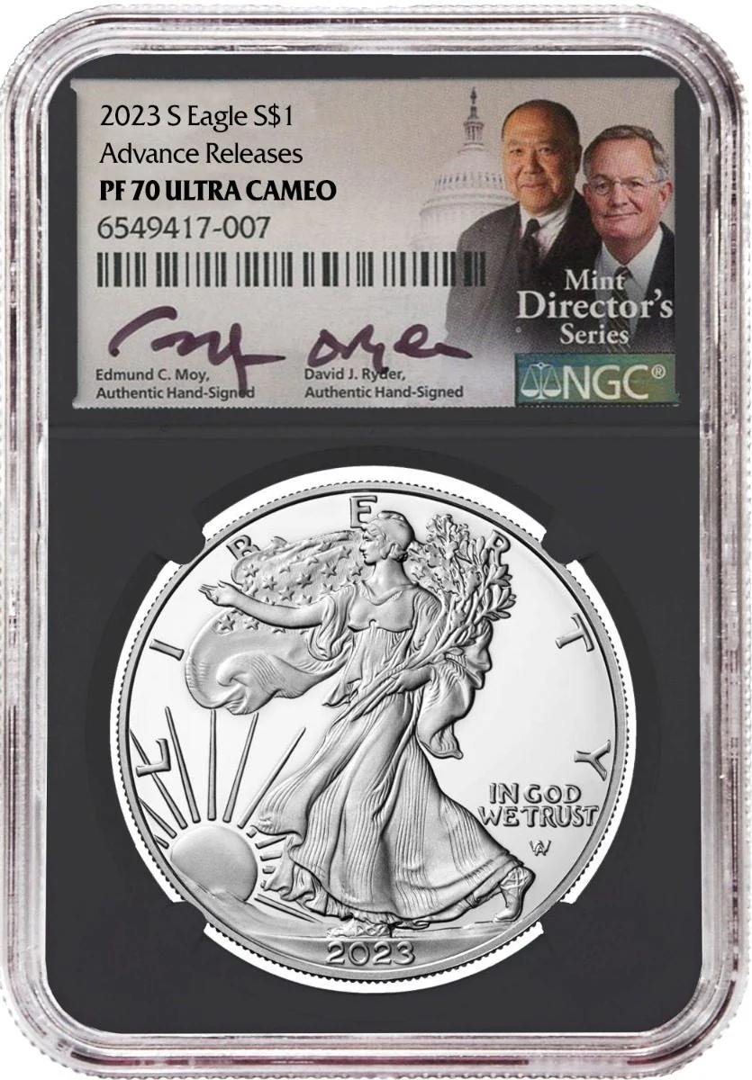 2023 S American Silver Eagle NGC PF70 Advance Release hand signed by U.S. Mint Directors Edmund C. Moy and David Ryder - Image 3