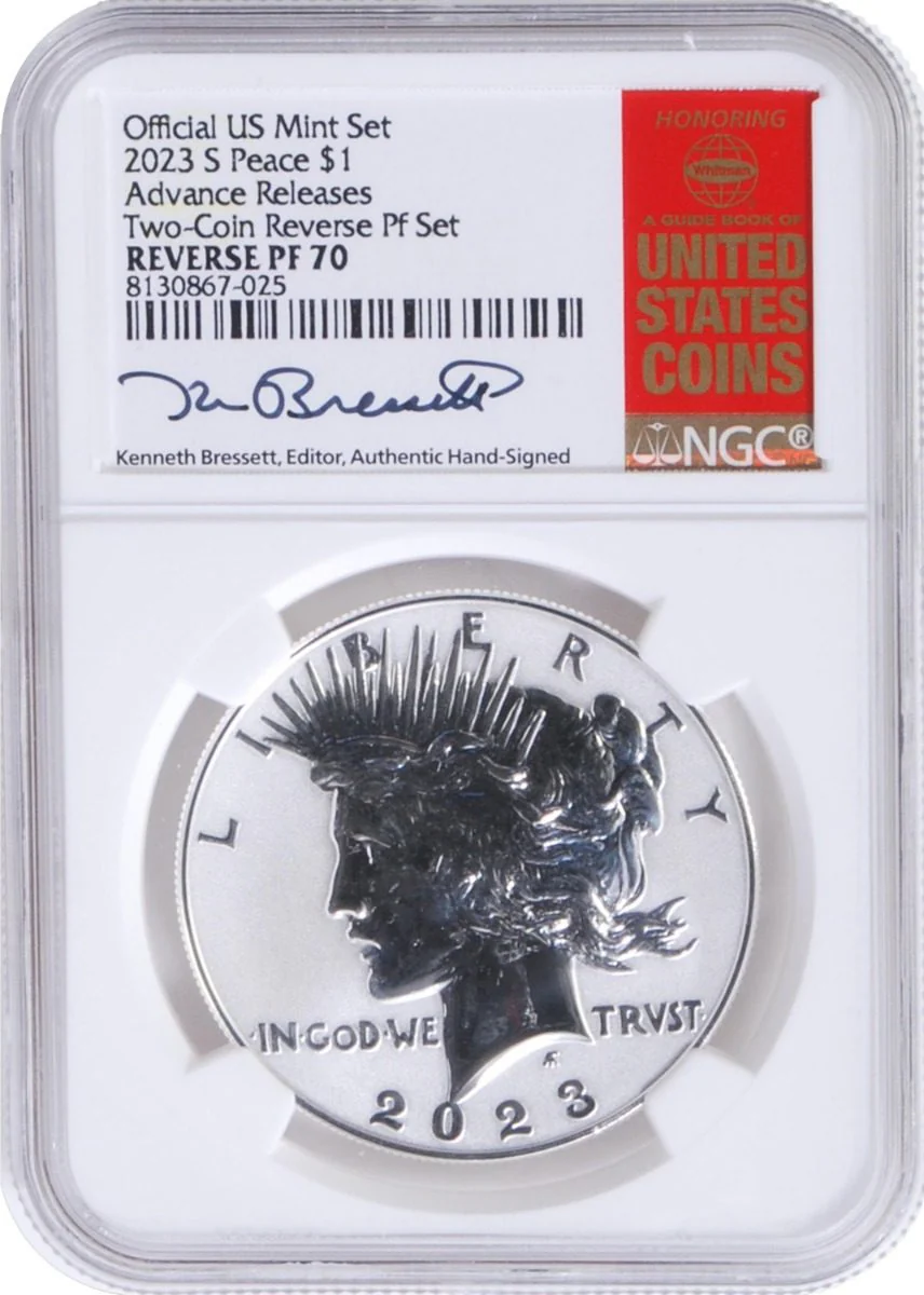 2023 S Morgan & Peace Silver Dollars NGC Reverse Proof PF70 Advance Releases w/Kenneth Bressett Signature - Image 4