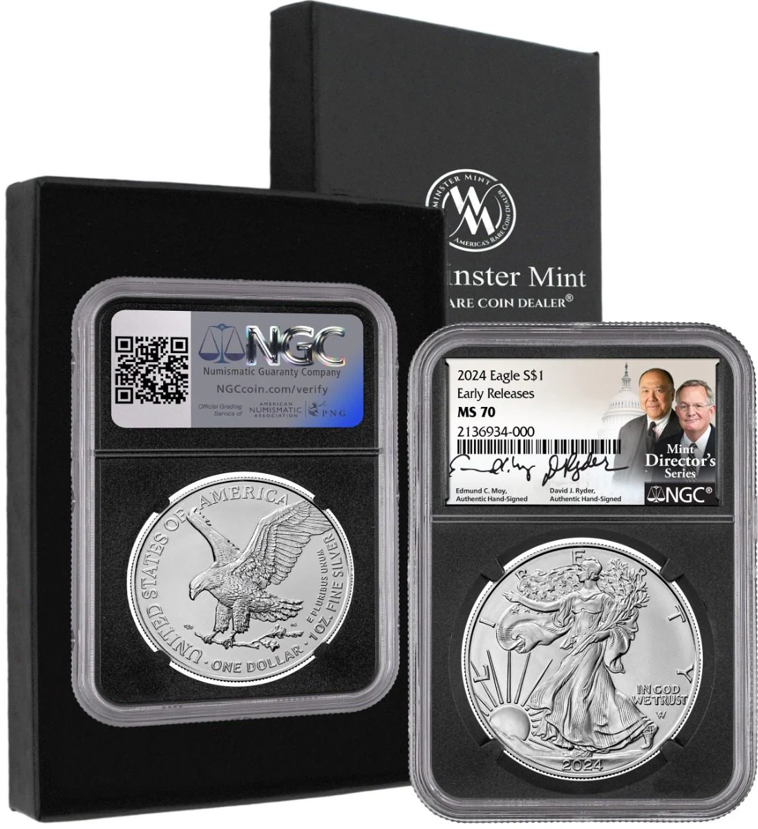 2024 SILVER EAGLE NGC MS70 HAND SIGNED BY U.S. MINT DIRECTORS EDMUND C. MOY & DAVID RYDER - Image 3
