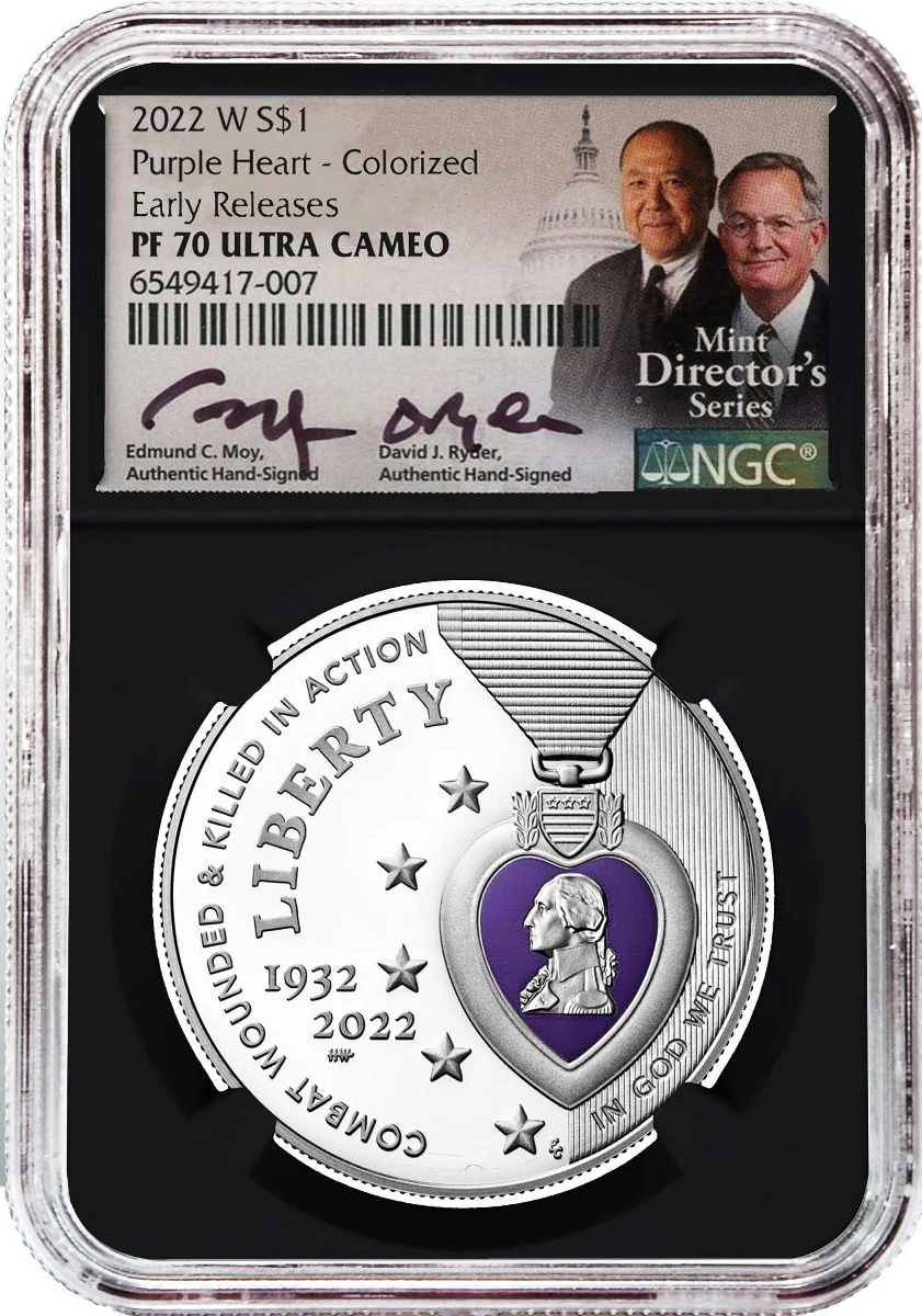 U.S. Mint 2022 Purple Heart Colorized Silver Dollar PF70 Signed by two U.S. Mint Directors - Image 3